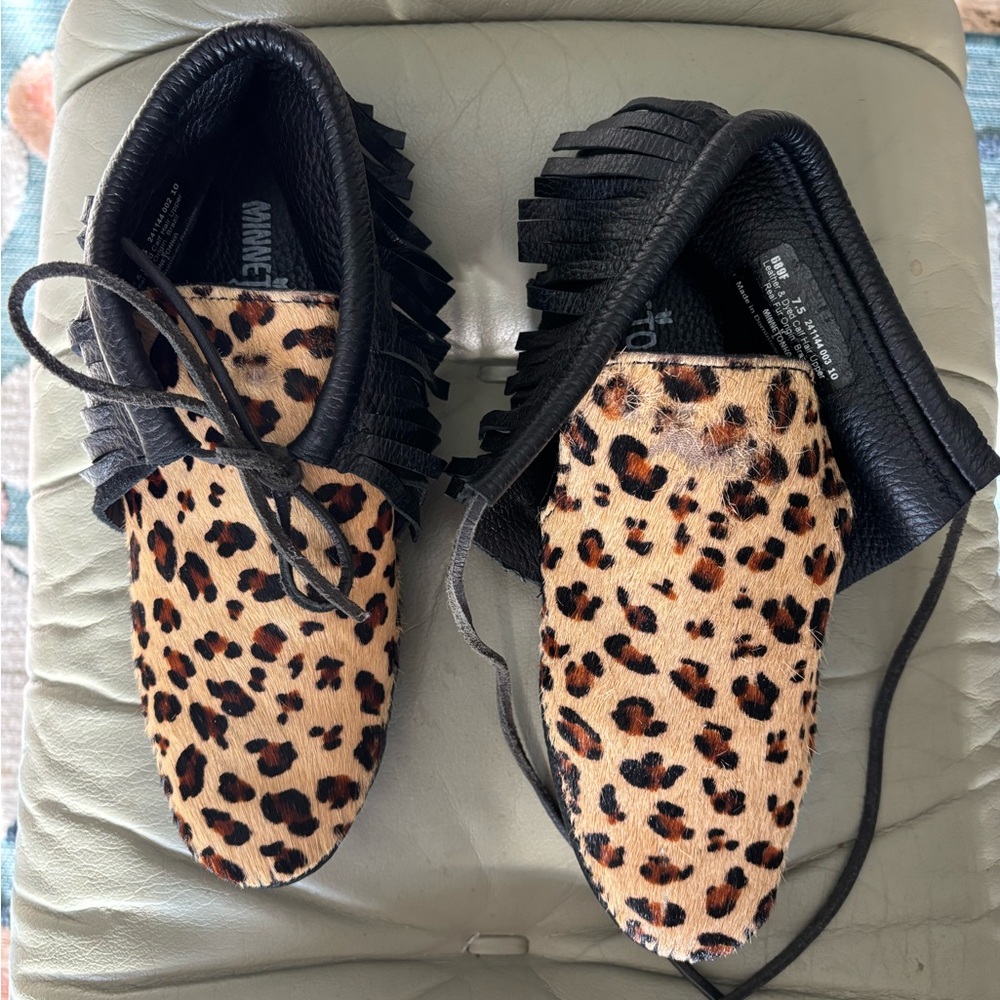 Minnetonka Cheetah Pattern Moccasins with Black Fringe